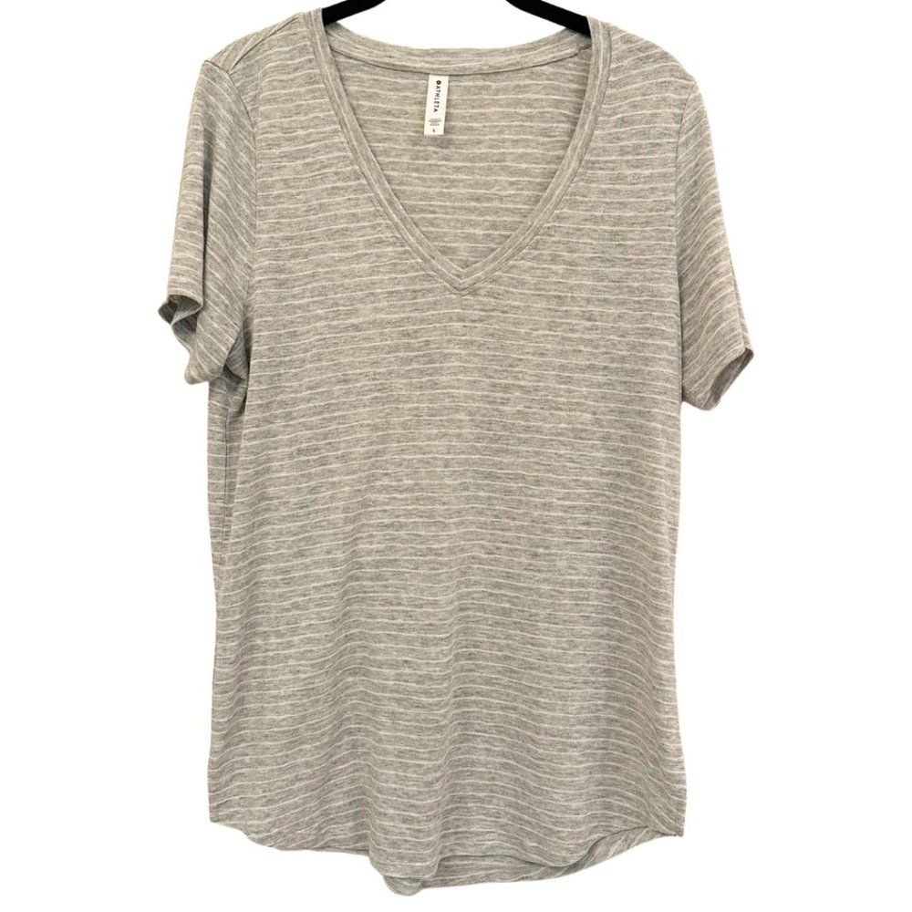 Athleta Breezy Scoop V Tee Grey Stripe